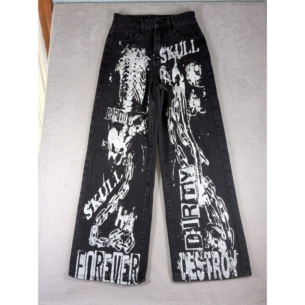 Romwe Baggy Jeans Size 2 Black Goth Rave Skater Grunge Skulls Emo Y2K Vibes